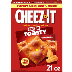 Cheez-It Extra Toasty box front emphasizes bold cheese flavor for quick snacking.