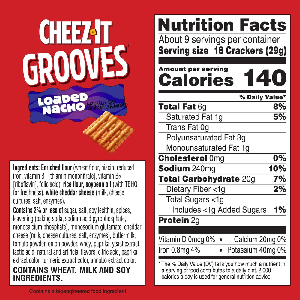 Cheez-It Grooves Loaded Nacho box front highlighting a 9oz package.