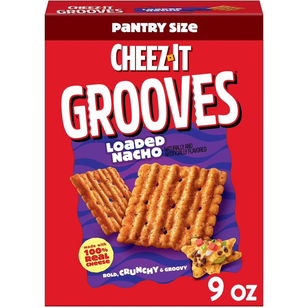 Cheez-It Grooves Loaded Nacho crackers close-up showing bold cheese flavor and crispy ridges.