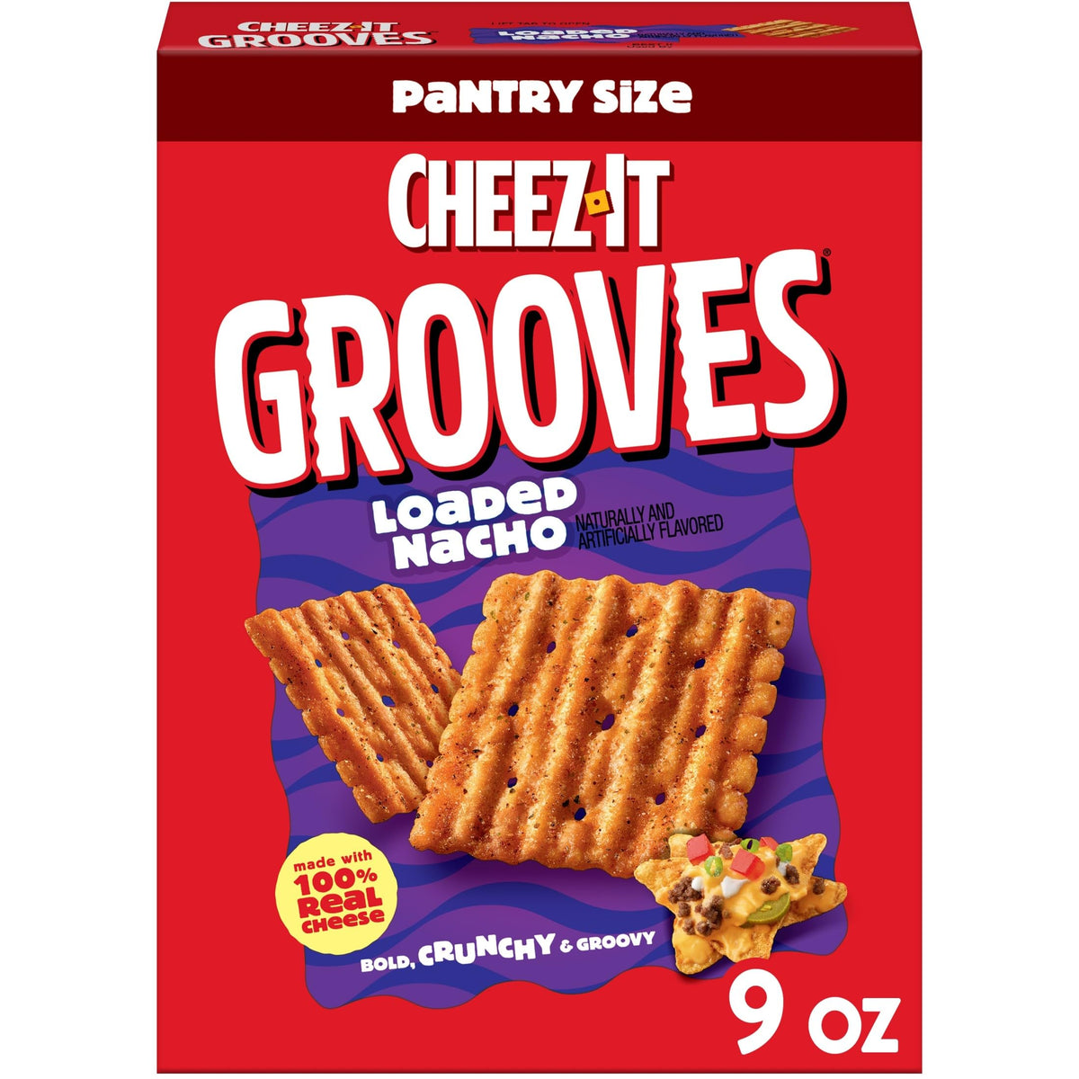 Cheez-It Grooves Loaded Nacho crackers close-up showing bold cheese flavor and crispy ridges.