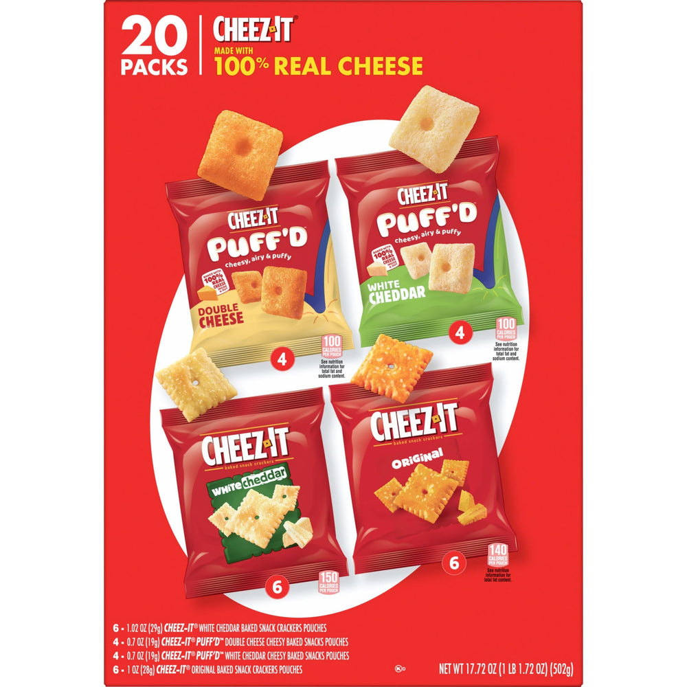 Cheez-It Puff'd Double Cheese in a pouch for travel-friendly bites.