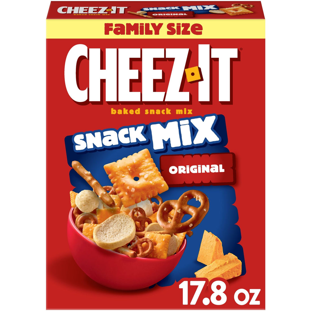 Cheez-It Snack Mix box in kitchen, ideal for family gatherings and easy snacking.