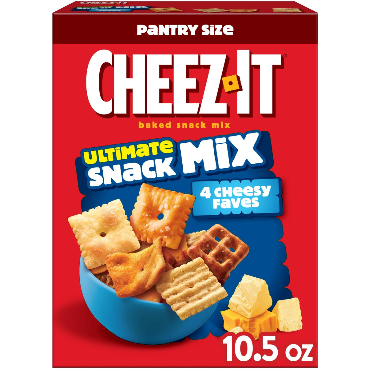 Cheez-It Ultimate Snack Mix box closeup showing crackers and pretzels for snacking