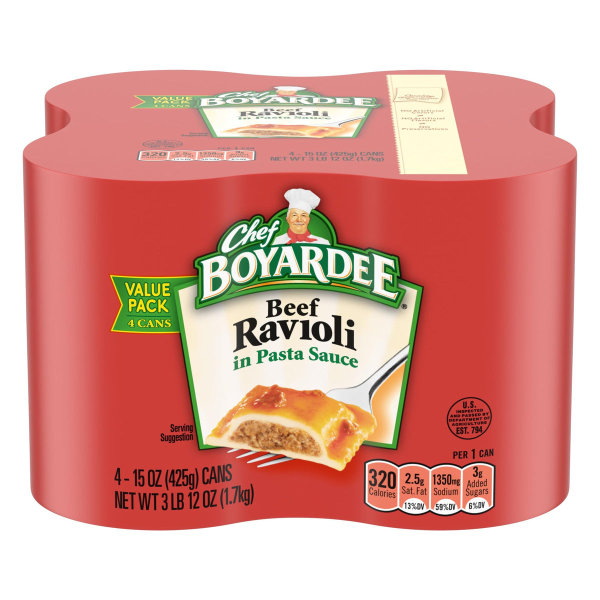 Chef Boyardee Beef Ravioli can, convenient pantry staple for quick family meals.