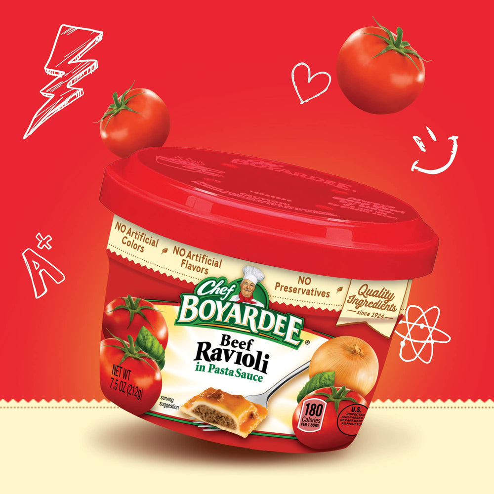 Chef Boyardee beef ravioli in pasta sauce bowl, easy heat-and-eat dinner setup.
