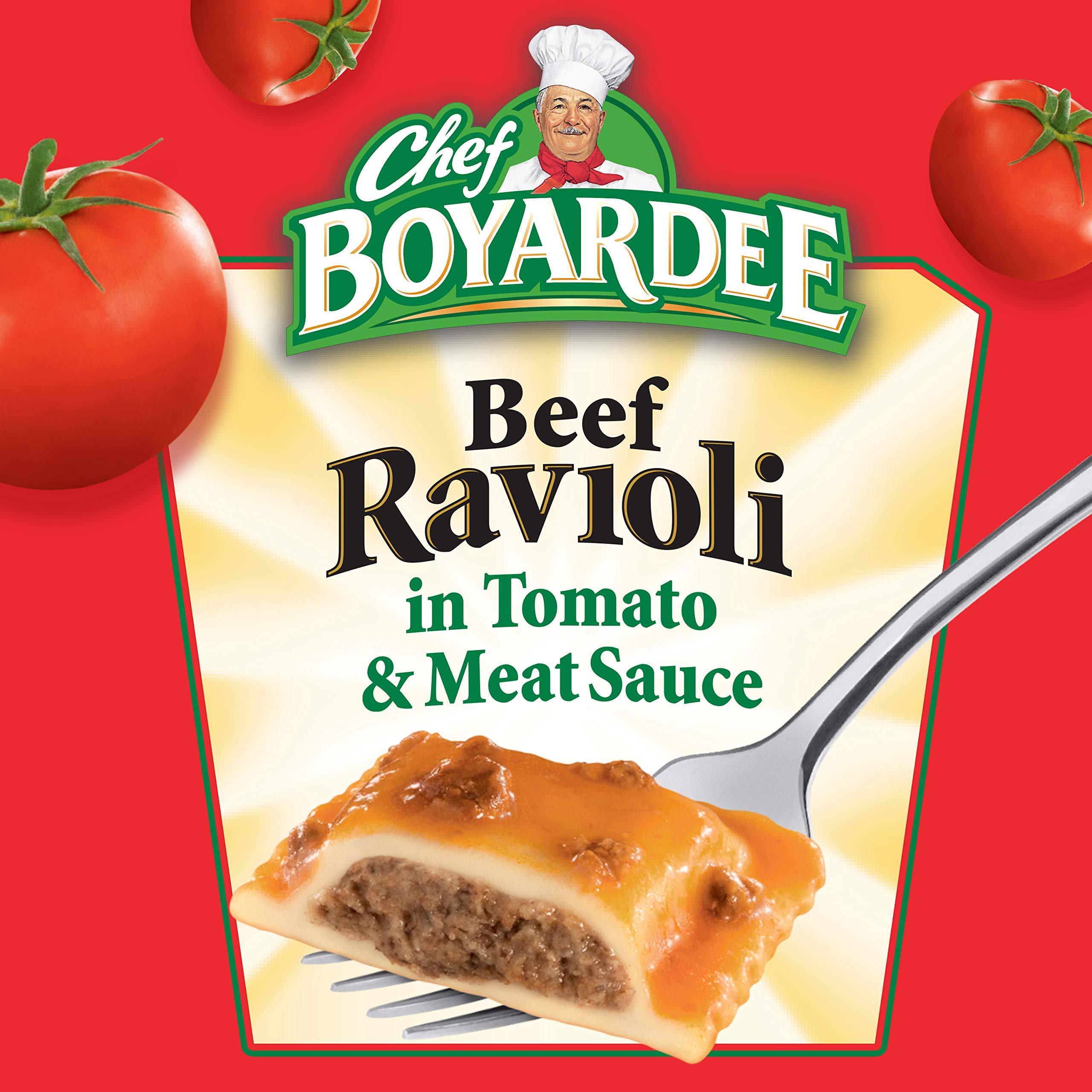 Chef Boyardee Beef Ravioli ingredients panel highlights enriched pasta and sauce.