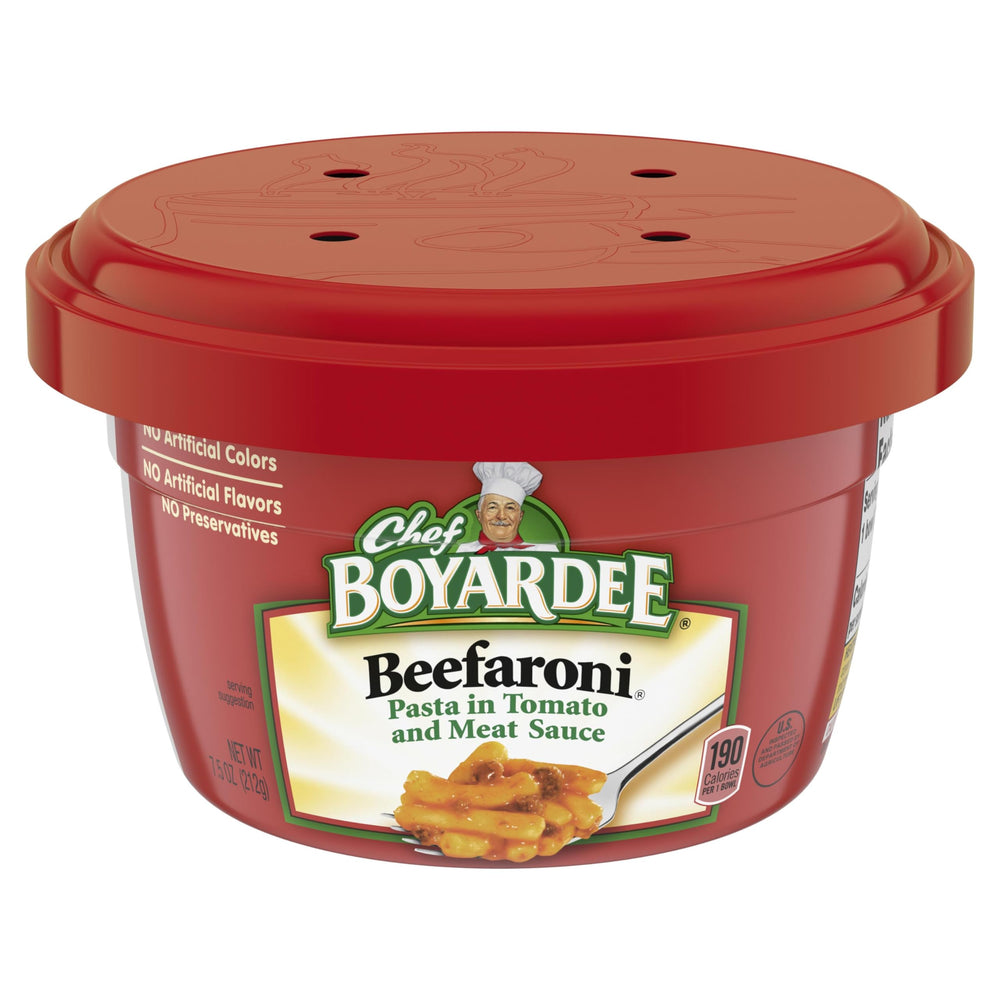 Chef Boyardee Beefaroni bowl ready for quick microwave meal.