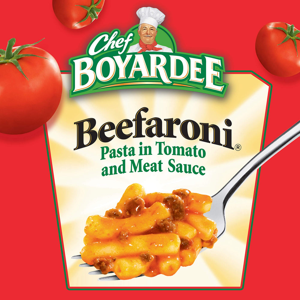 Open microwaveable Beefaroni bowl ready to serve your family.