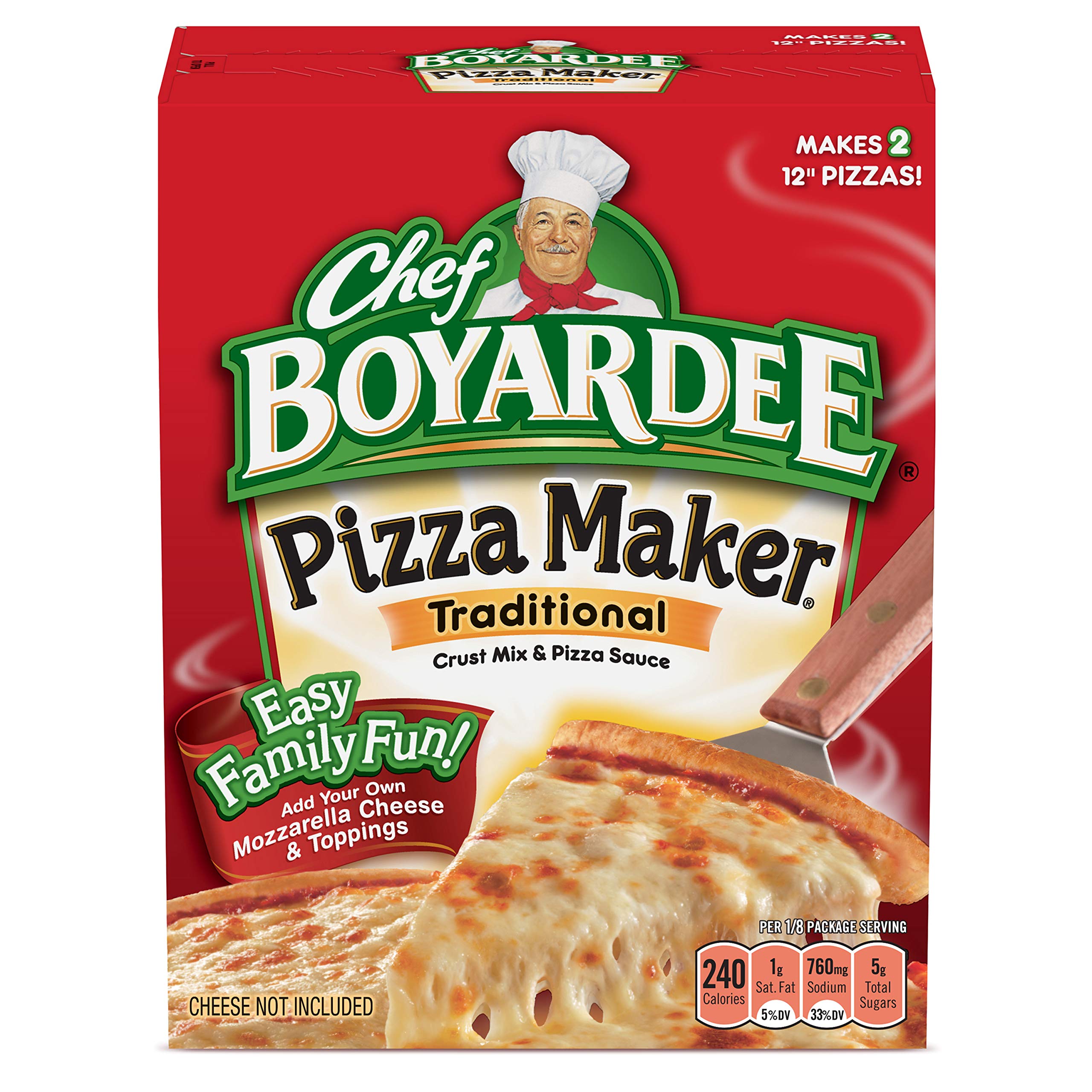 Chef Boyardee Cheese Pizza Maker box showing contents for a quick family dinner