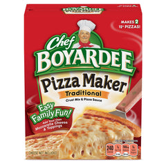 Chef Boyardee Cheese Pizza Maker box showing contents for a quick family dinner