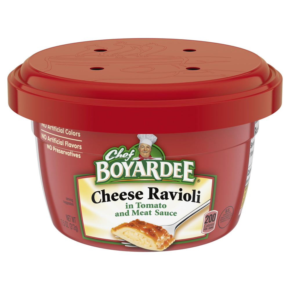 Chef Boyardee Cheese Ravioli bowl front view, a quick family-friendly meal.