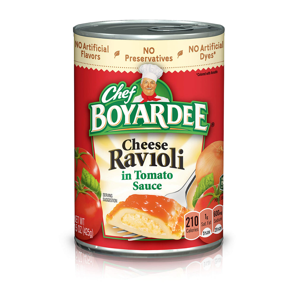 Chef Boyardee cheese ravioli in tomato sauce can, easy dinner in minutes