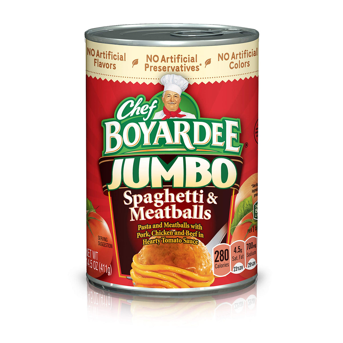 Chef Boyardee Jumbo Spaghetti and Meatballs can on shelf for quick family meals