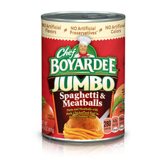 Chef Boyardee Jumbo Spaghetti and Meatballs can on shelf for quick family meals