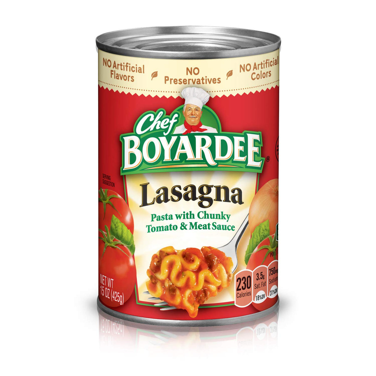 Chef Boyardee Lasagna can closeup with easy-open lid for quick meals