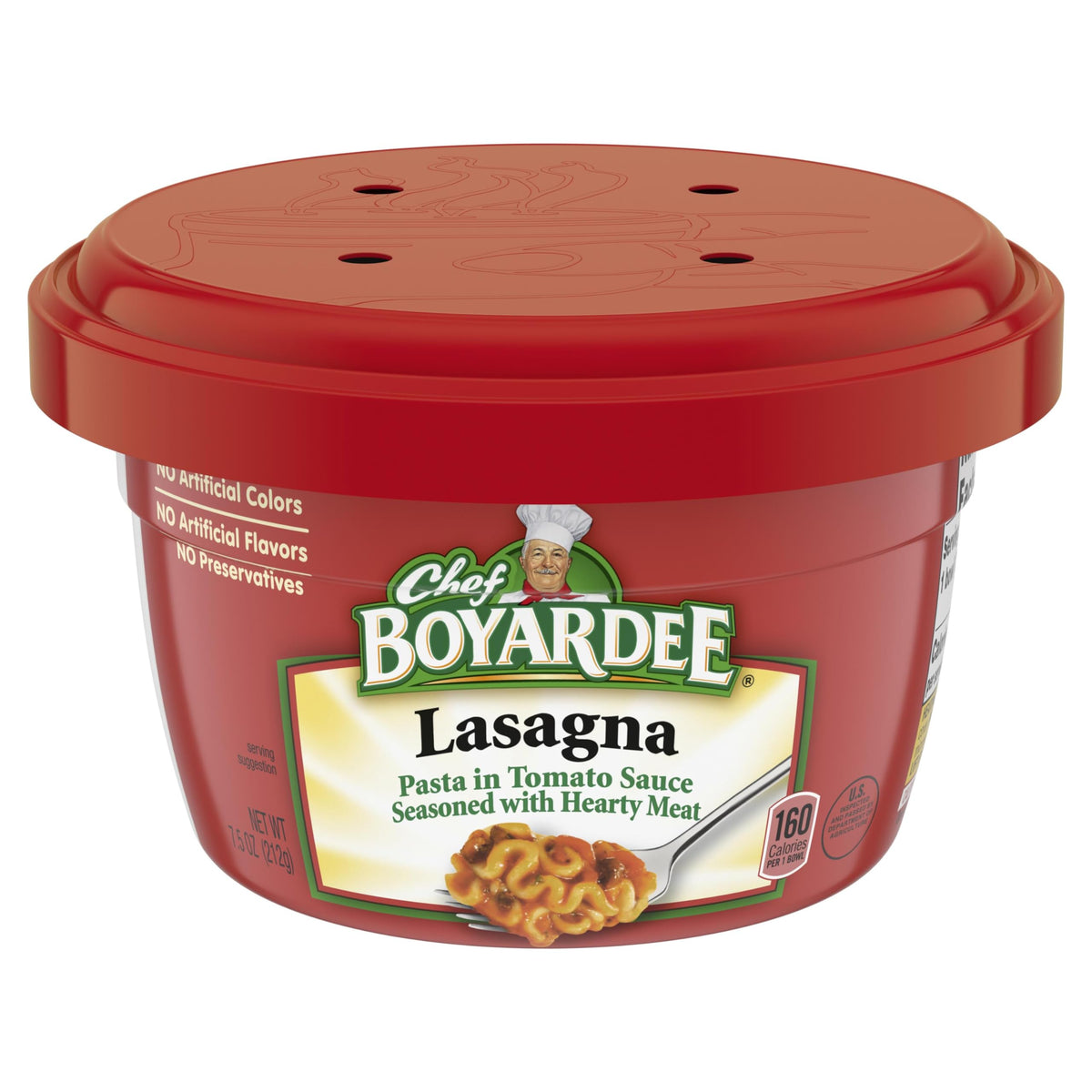 Chef Boyardee Lasagna microwaveable bowl front view, ready to heat for a quick family meal.