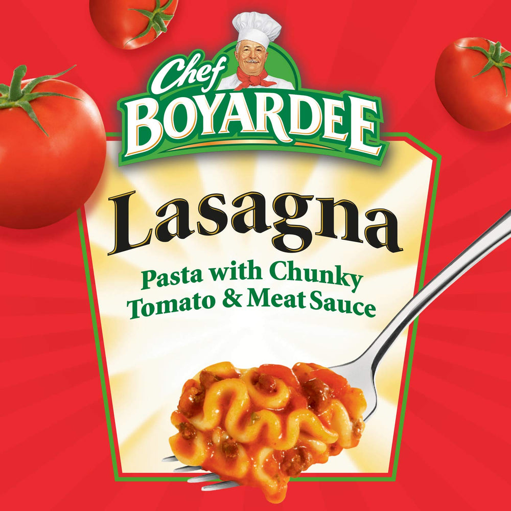 Chef Boyardee Lasagna being poured into a bowl for ready-to-serve