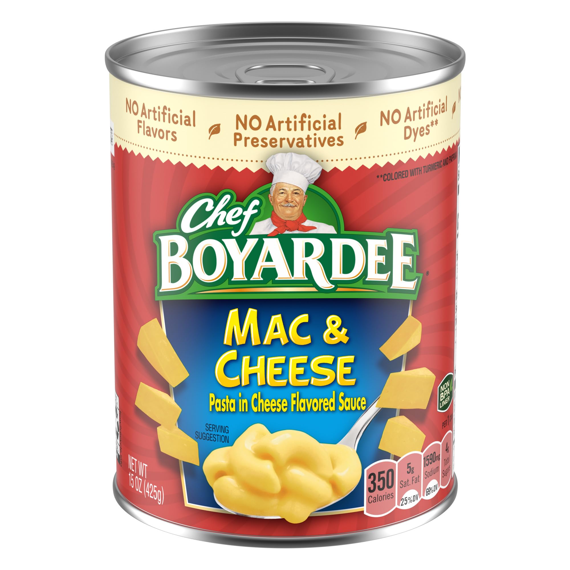 Chef Boyardee Mac & Cheese can front view, ready-to-eat comfort in minutes.