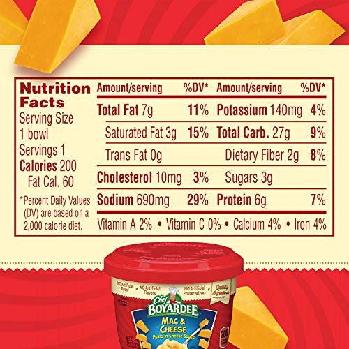 Chef Boyardee Mac & Cheese bowl lid off reveals creamy cheese sauce for easy serving.