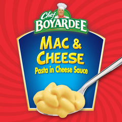 Chef Boyardee Mac & Cheese plated bowl featuring creamy cheese sauce and pasta.