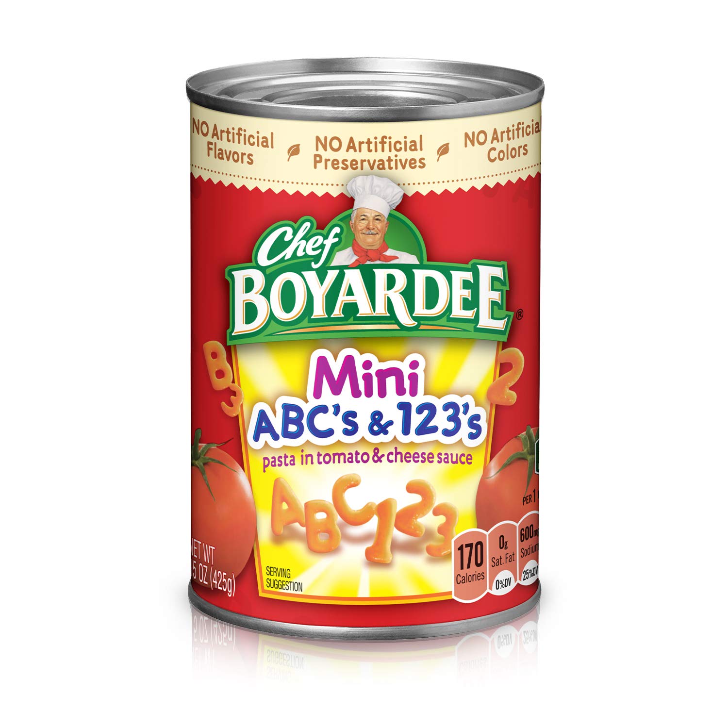 Chef Boyardee Mini ABC's and 123's pasta in can with rich tomato sauce for a quick family meal.