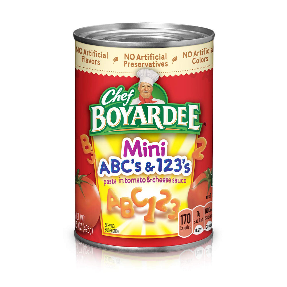 Chef Boyardee Mini ABC's and 123's pasta in can with rich tomato sauce for a quick family meal.