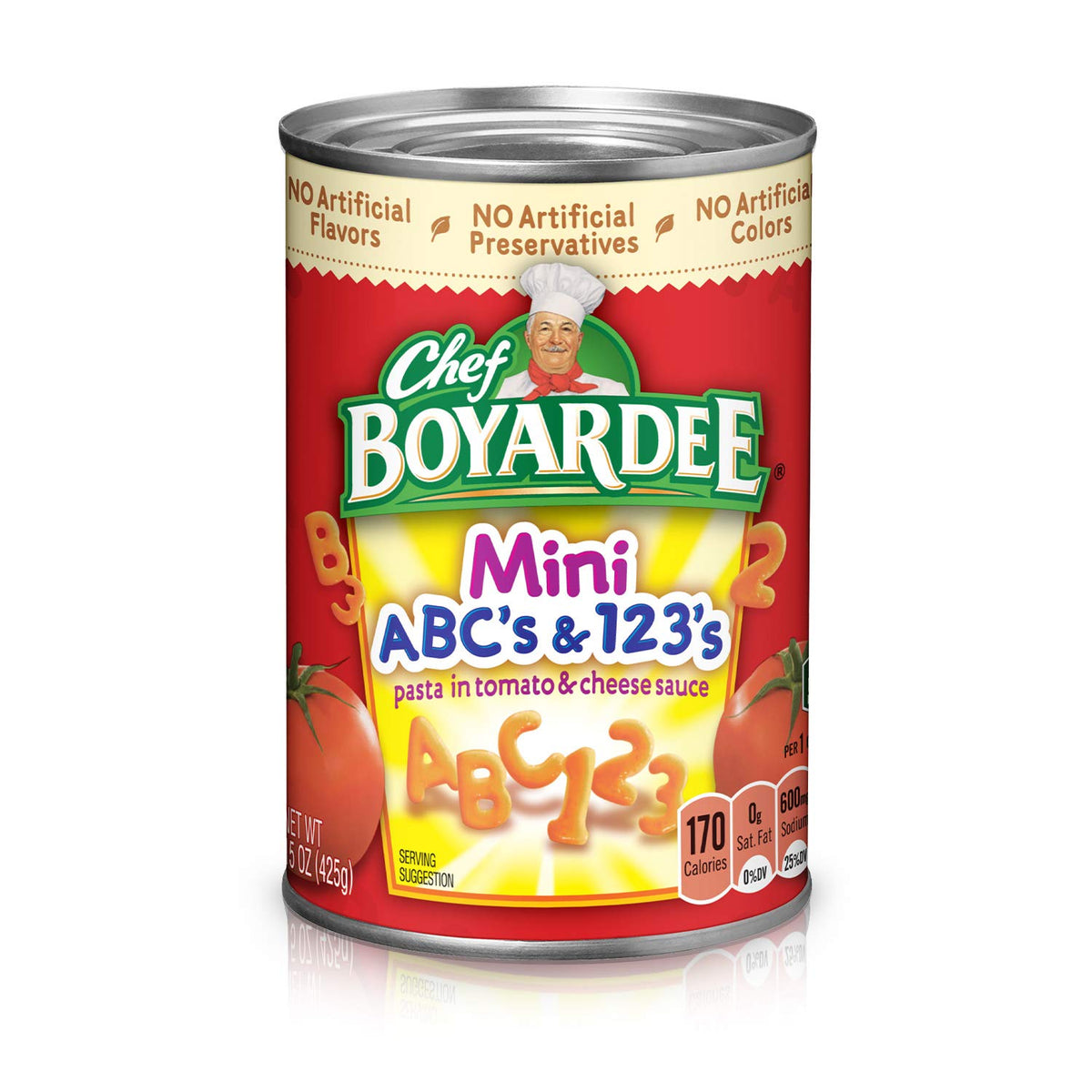 Chef Boyardee Mini ABC's and 123's pasta in can with rich tomato sauce for a quick family meal.