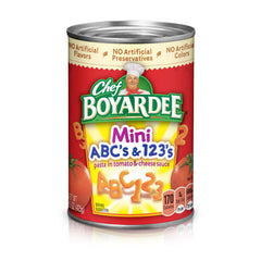 Chef Boyardee Mini ABC's and 123's pasta in can with rich tomato sauce for a quick family meal.