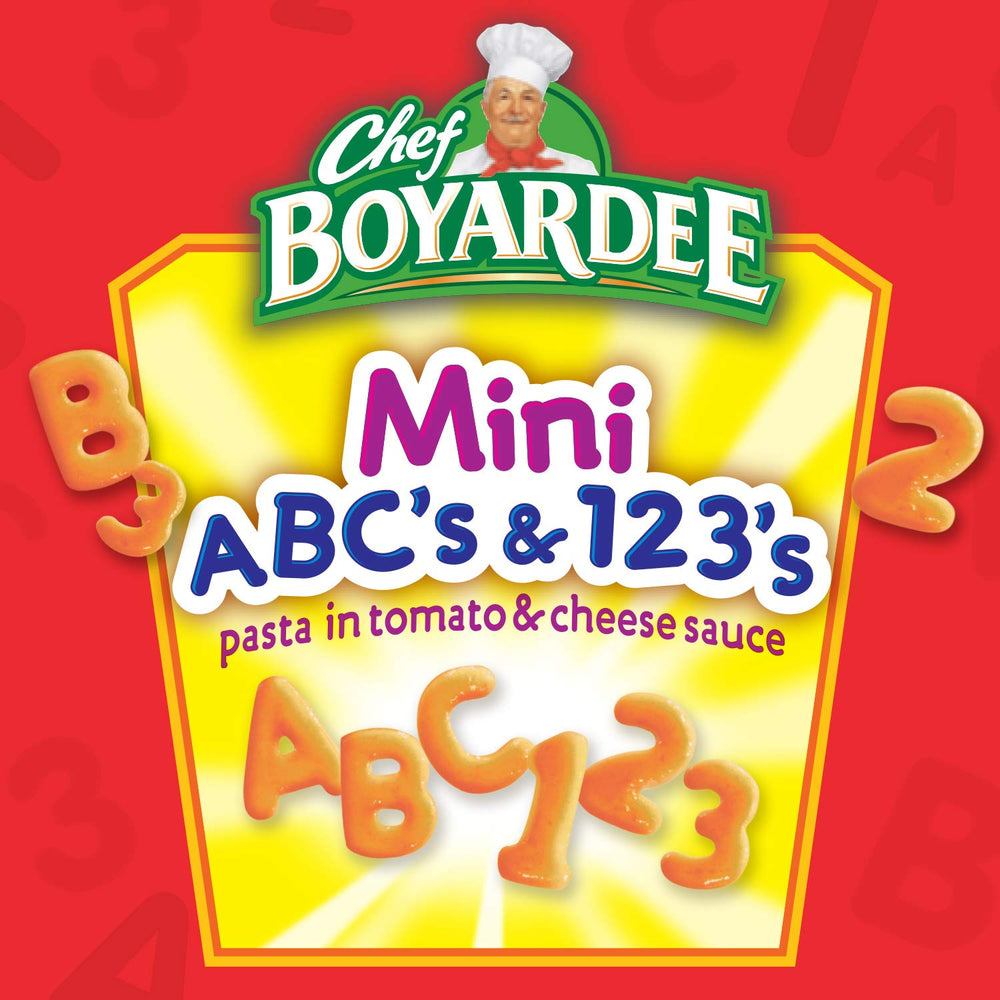 Chef Boyardee Mini ABC's and 123's can showing enriched pasta with tomato sauce for flavor.