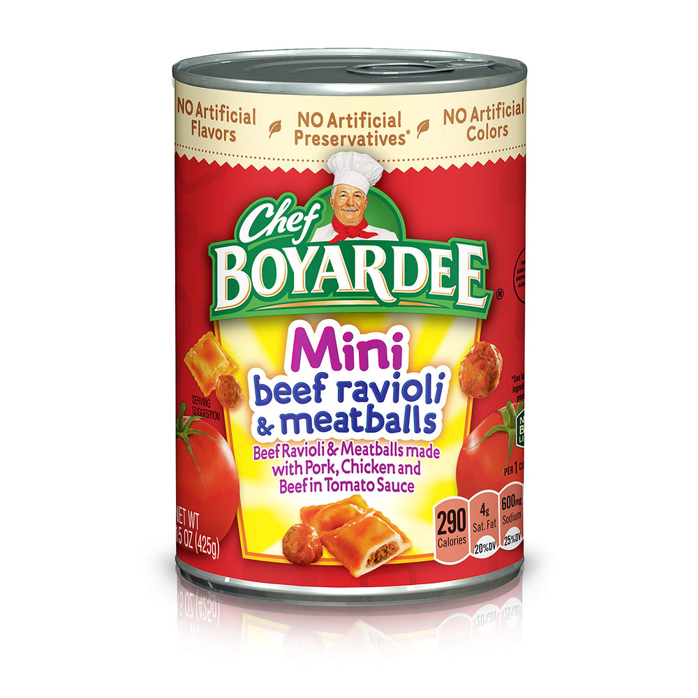 Chef Boyardee mini beef ravioli and meatballs in a can for quick meals