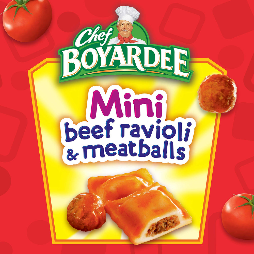 Chef Boyardee ingredients close-up highlights beef, pasta, and tomato sauce