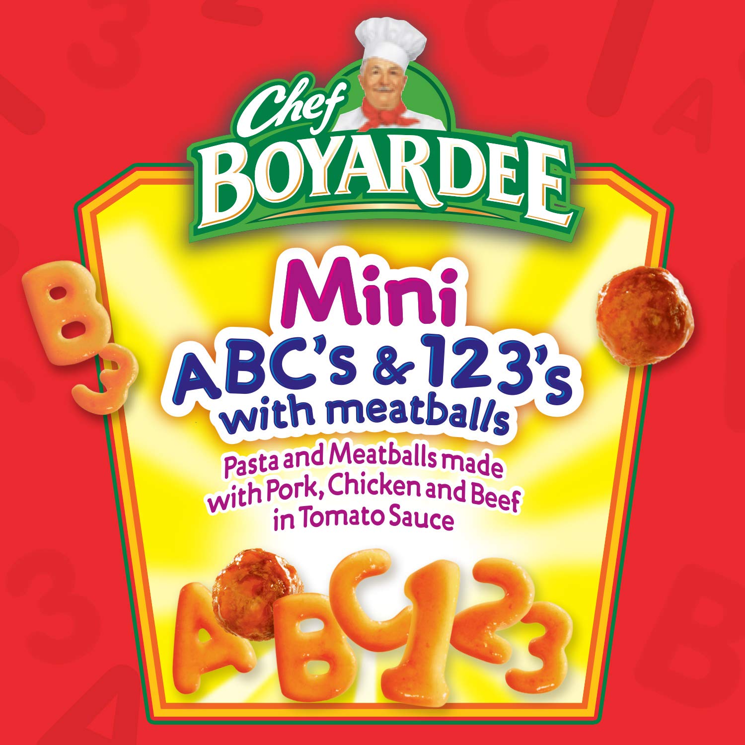 Mini ABC's and 123's with Meatballs on enriched pasta with tomato sauce.