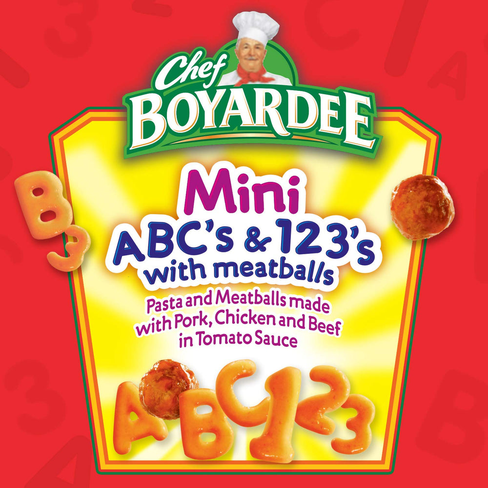 Mini ABC's and 123's with Meatballs on enriched pasta with tomato sauce.