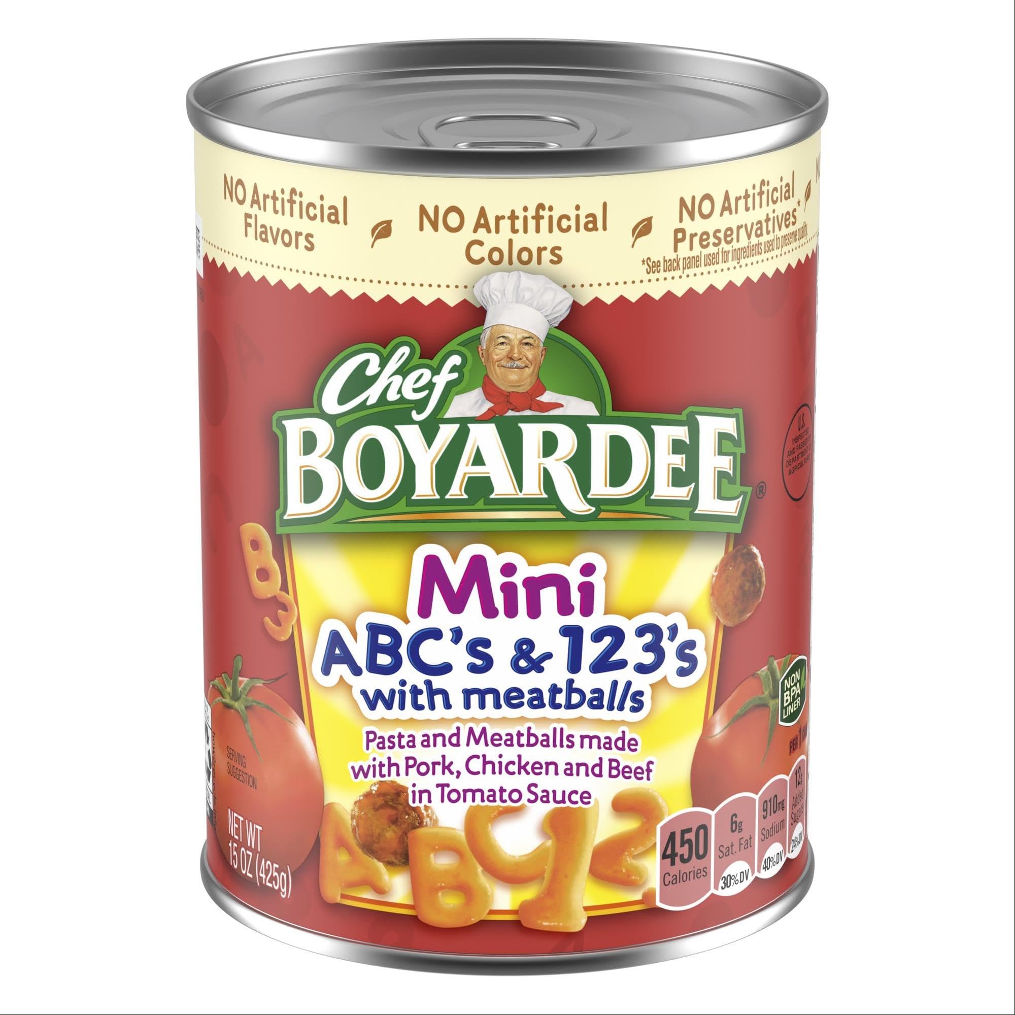 Chef Boyardee Mini-Bites can label showing ABC's and 123's with Meatballs for a quick family meal.