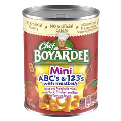 Chef Boyardee Mini-Bites can label showing ABC's and 123's with Meatballs for a quick family meal.