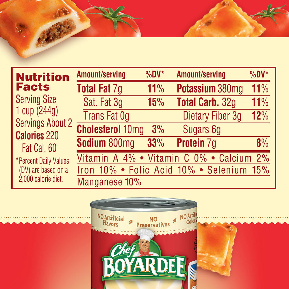 Open-lid can of Chef Boyardee Mini Ravioli for fast prep.