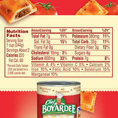 Open-lid can of Chef Boyardee Mini Ravioli for fast prep.