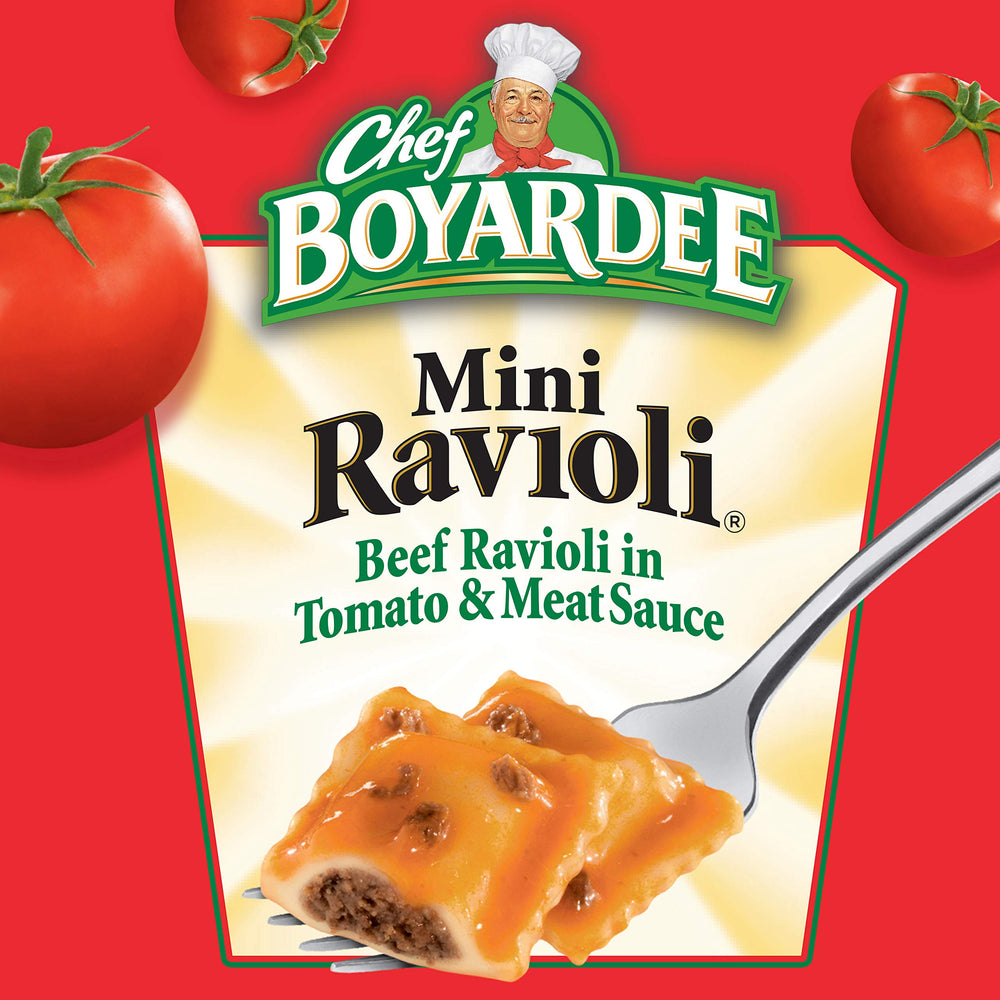 Tomato sauce swirl on Chef Boyardee Mini Ravioli.