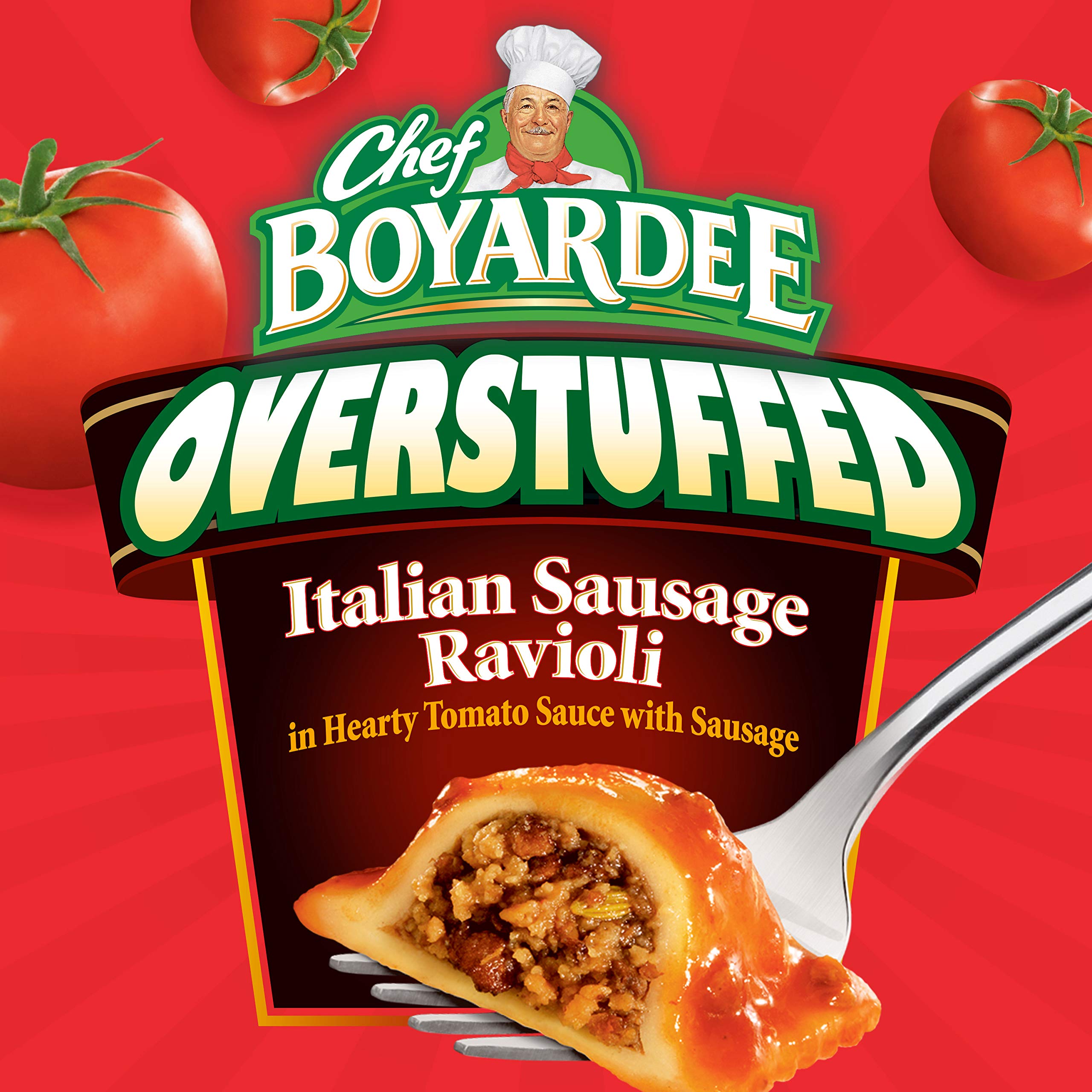 Chef Boyardee ravioli plated with tomato sauce for a hearty family dinner.