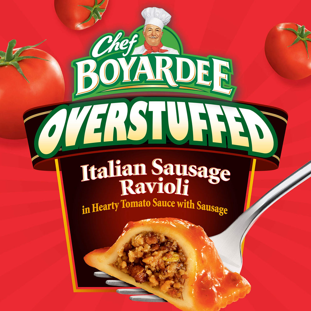 Chef Boyardee ravioli plated with tomato sauce for a hearty family dinner.