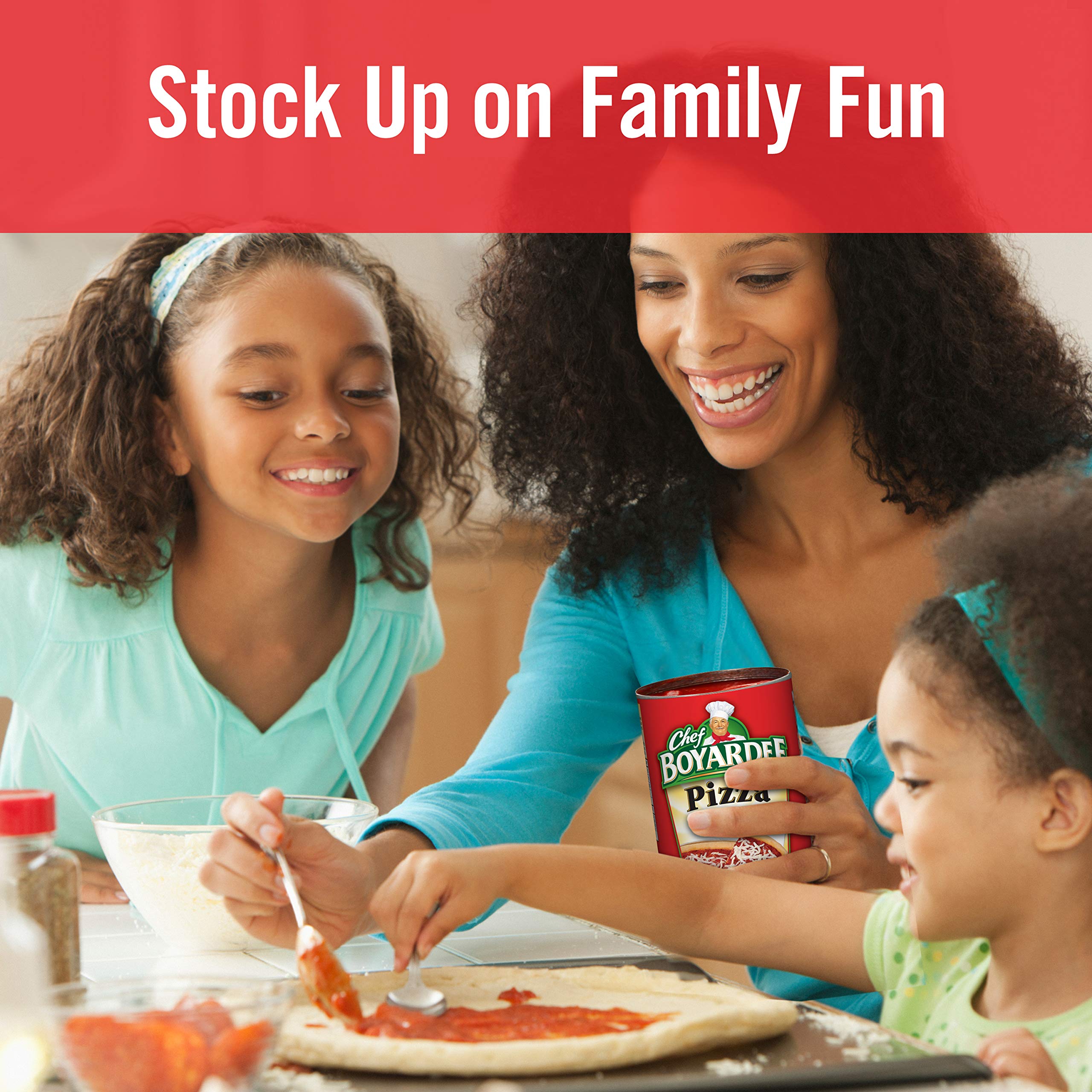 Chef Boyardee sauce in kitchen scene emphasizes no artificial flavors and convenience.