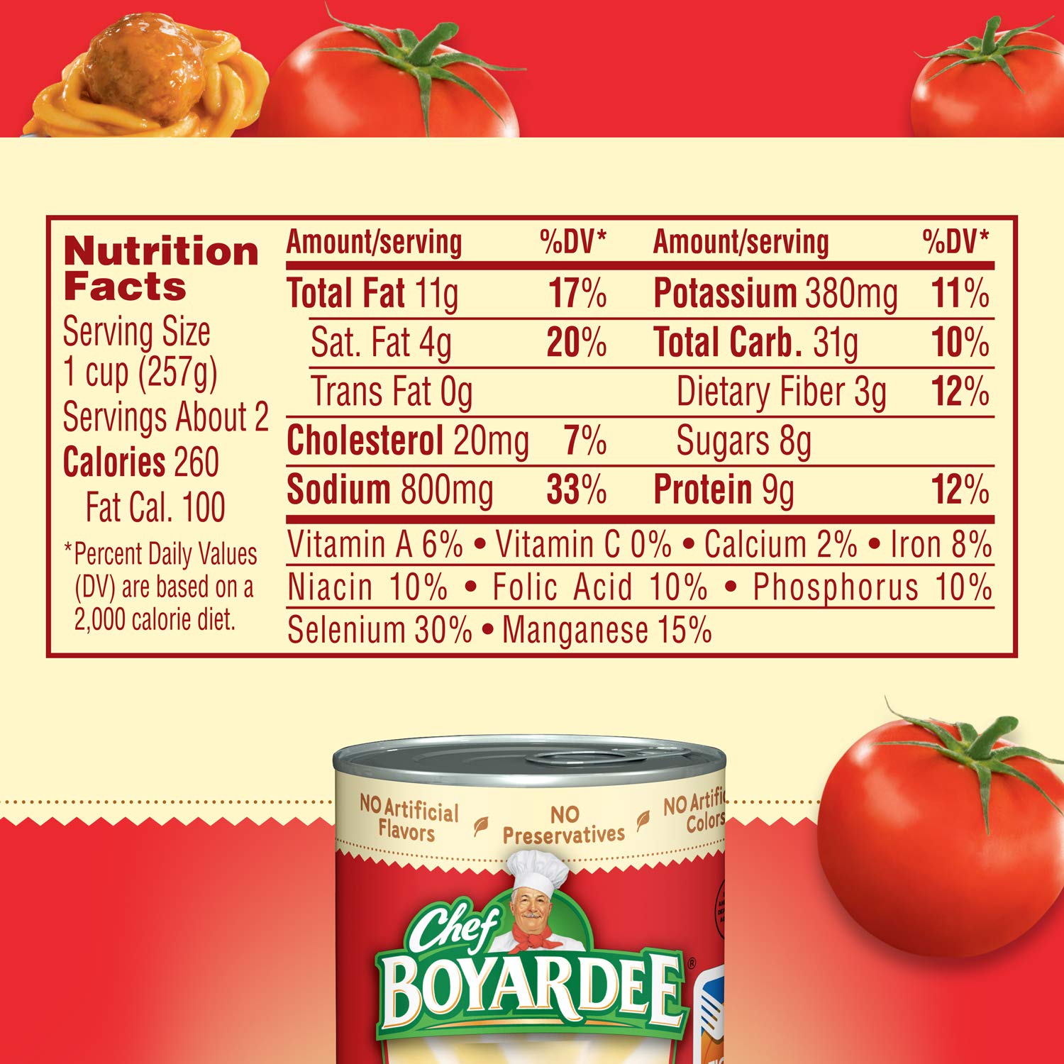 Chef Boyardee Spaghetti and Meatballs can with opened lid showing quick 90-second heat option