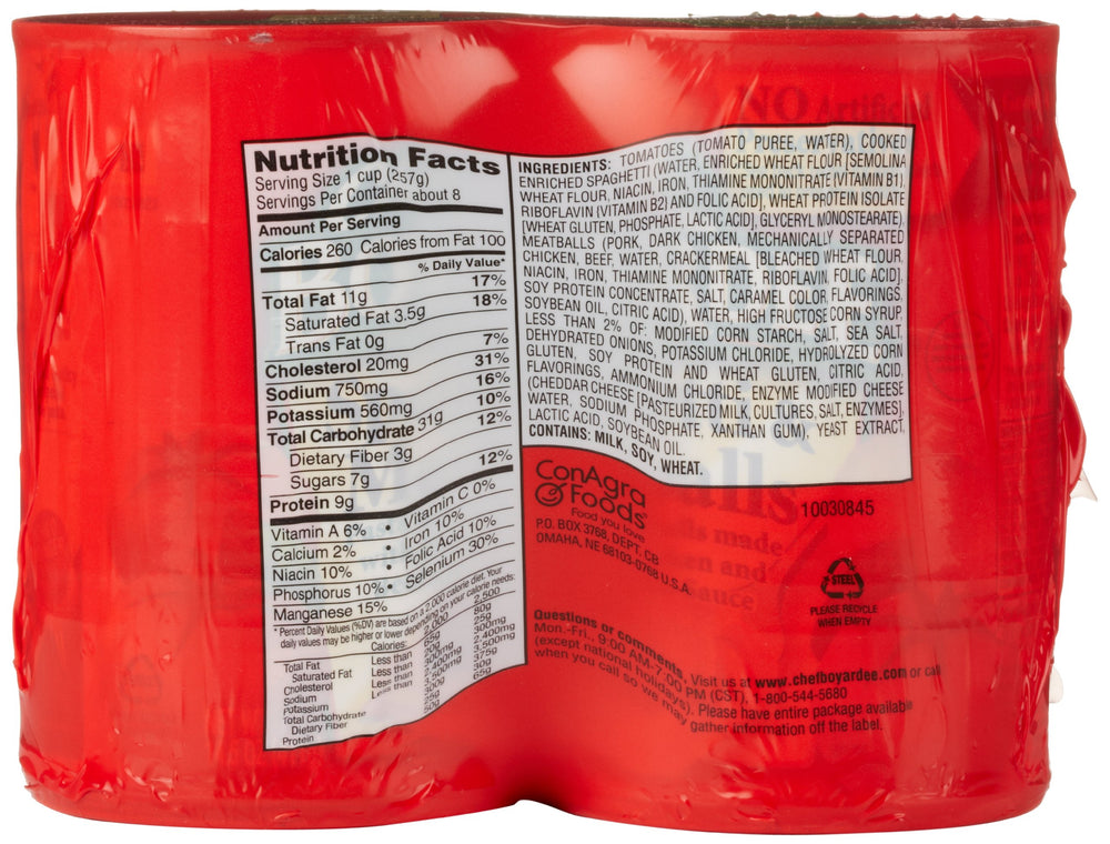 Pack of four Chef Boyardee cans stacked for value and ready-to-serve meals