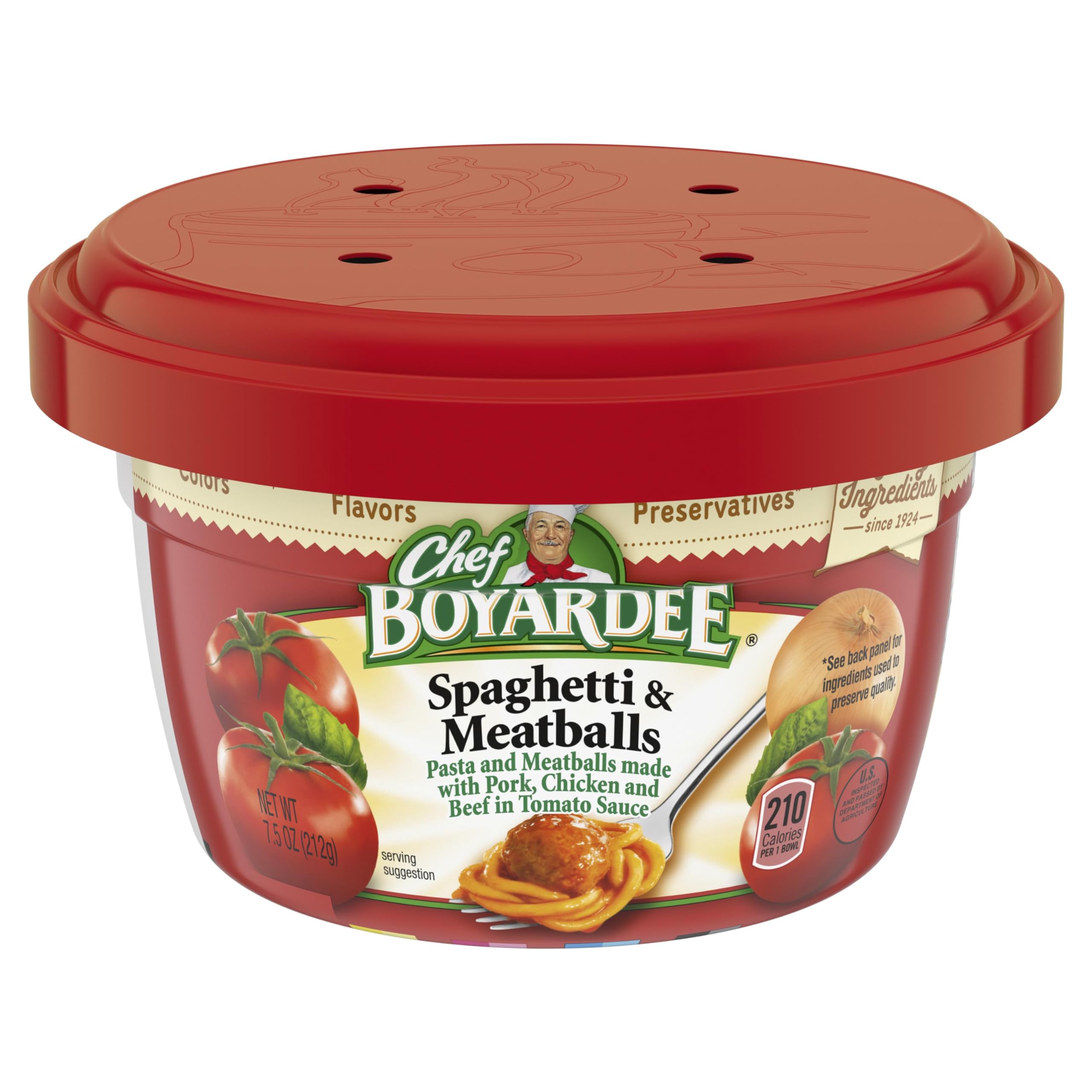 Chef Boyardee spaghetti and meatballs bowl front view, quick family meal in minutes.