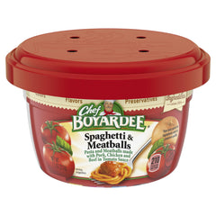 Chef Boyardee spaghetti and meatballs bowl front view, quick family meal in minutes.
