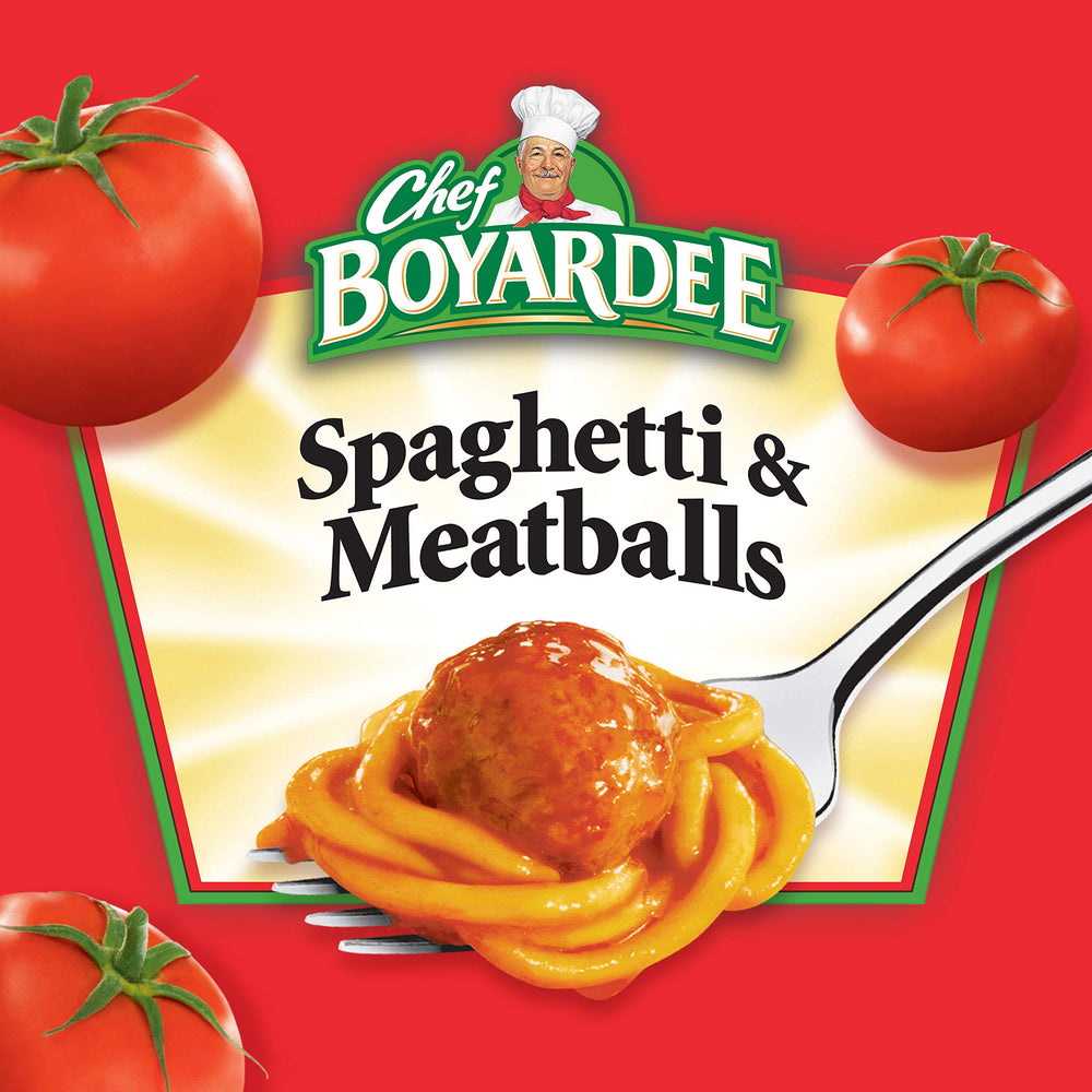 Chef Boyardee spaghetti and meatballs packaging, convenient microwaveable bowl for mess-free serving.