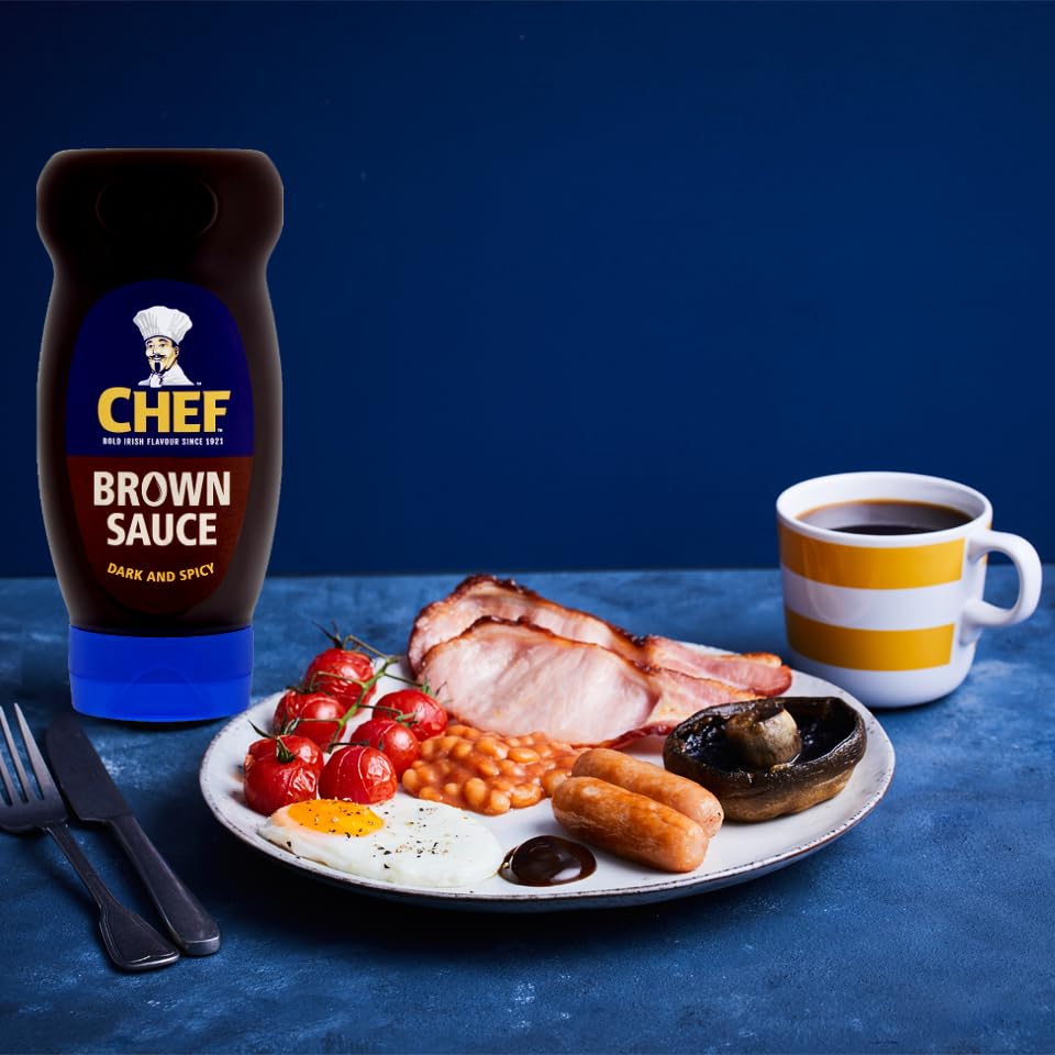 Chef Brown Sauce bottle close-up shows rich color and spice