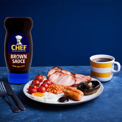 Chef Brown Sauce bottle close-up shows rich color and spice