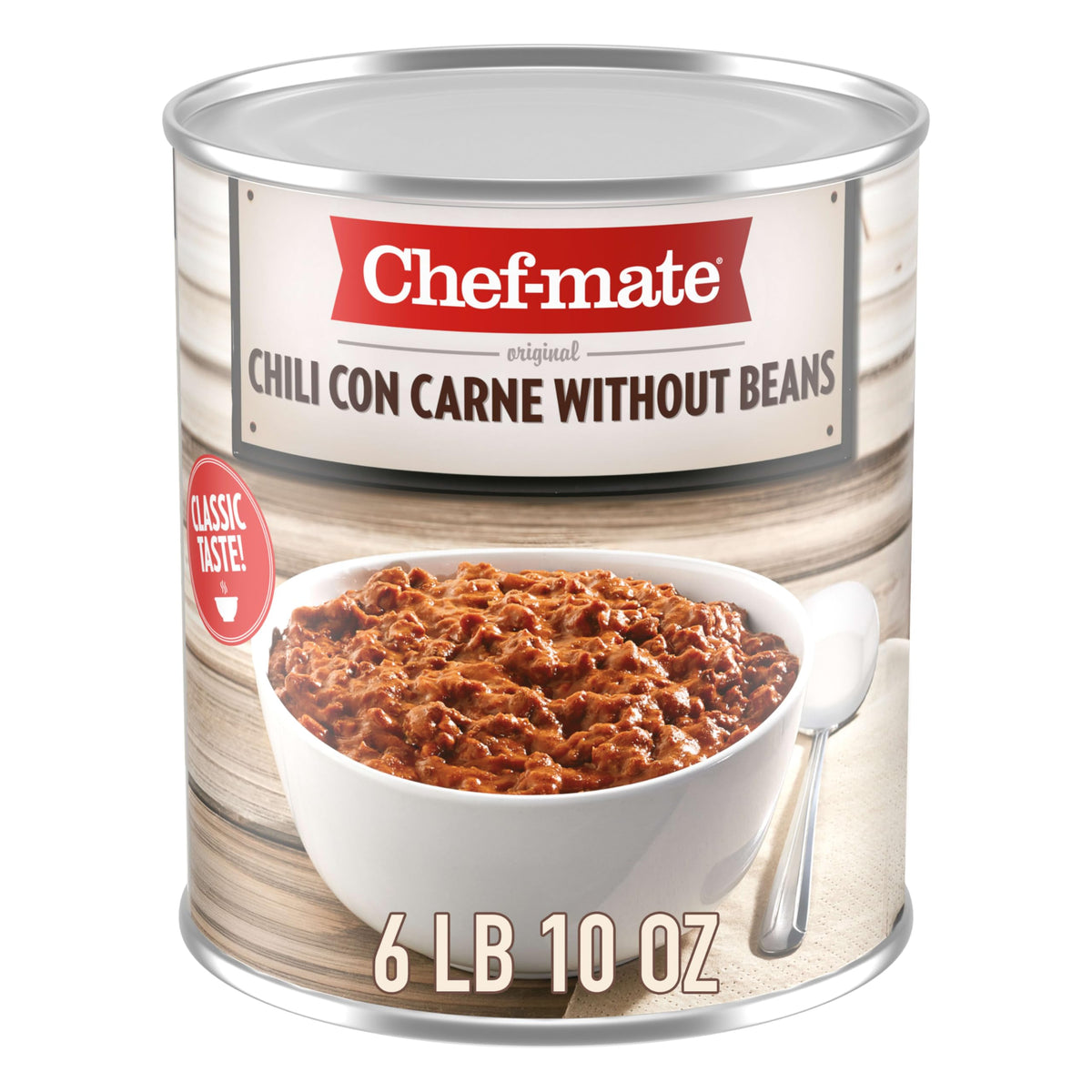Chef-Mate Beef Chili No Beans 6 lb 10 oz can, ideal for bulk prep.