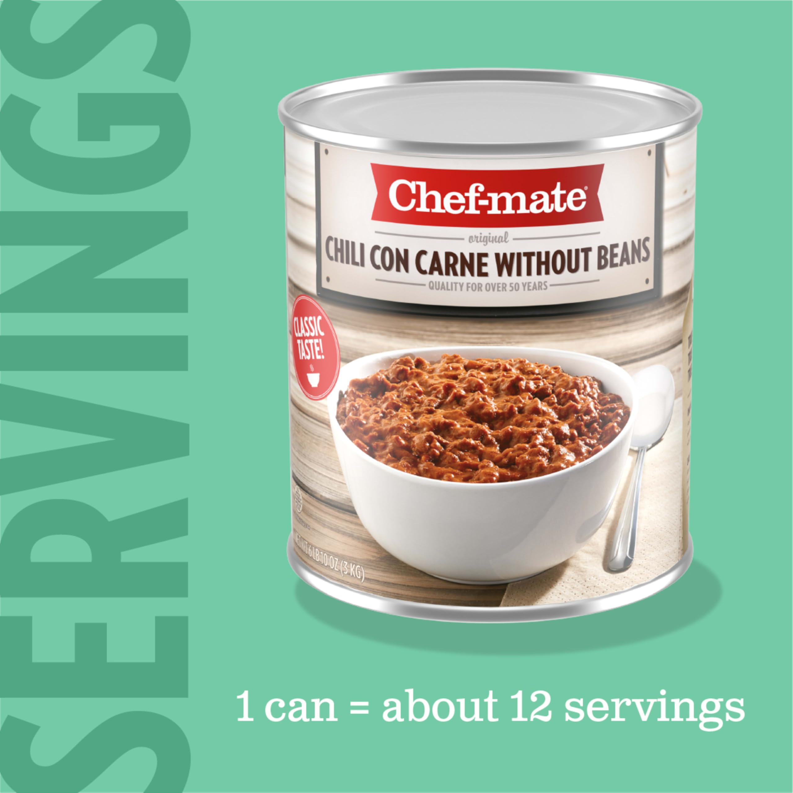 Chef-Mate Beef Chili No Beans topping burgers for extra flavor.